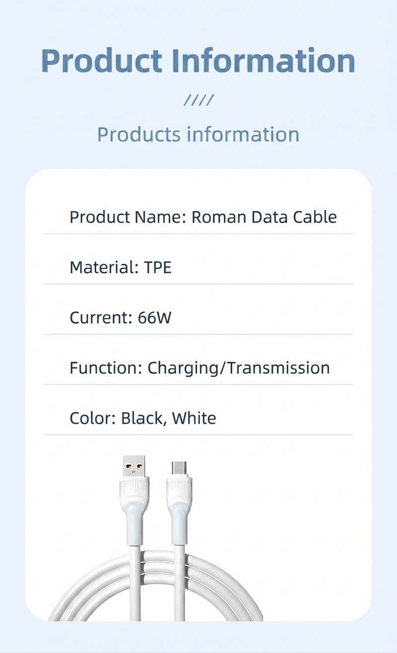 66W Thick Copper Core USB Cable, TPE Fast Charging Data Cord for Enhanced Durability