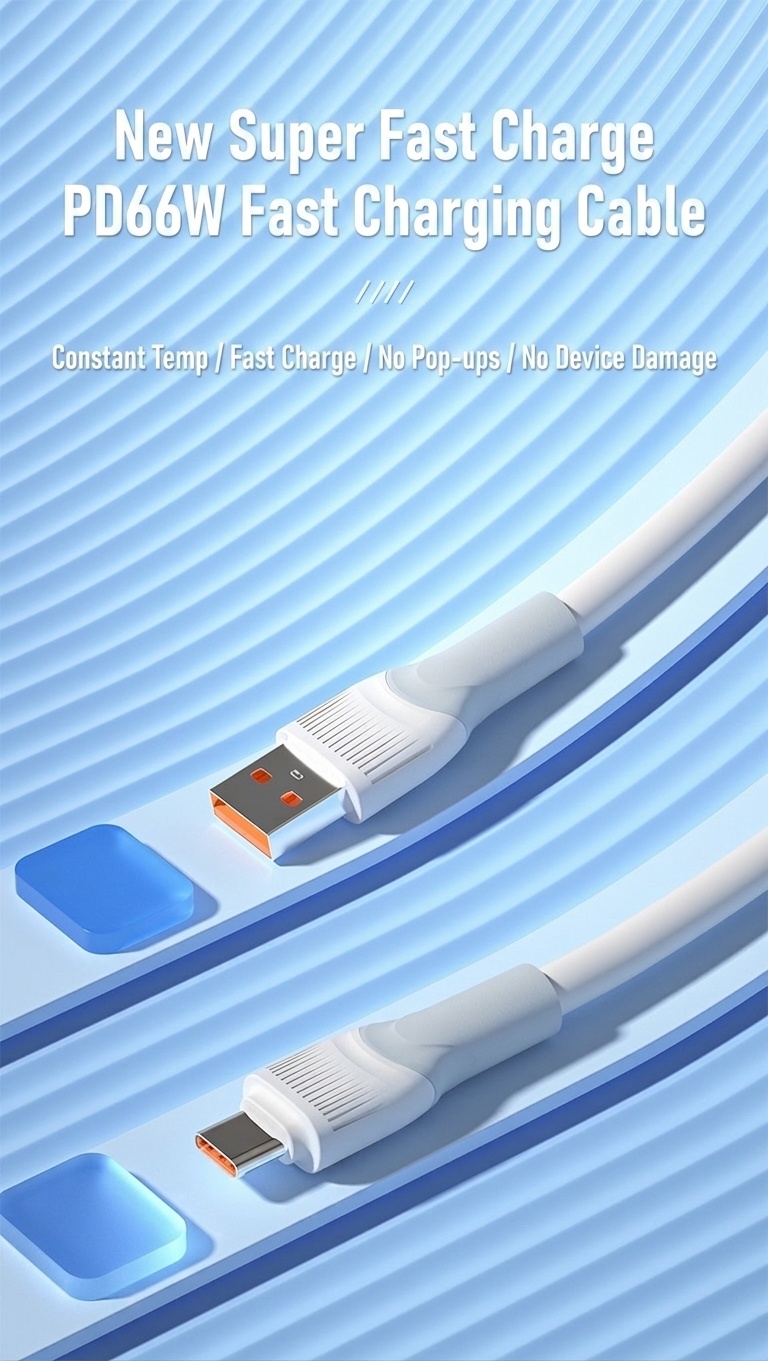 66W Thick Copper Core USB Cable, TPE Fast Charging Data Cord for Enhanced Durability