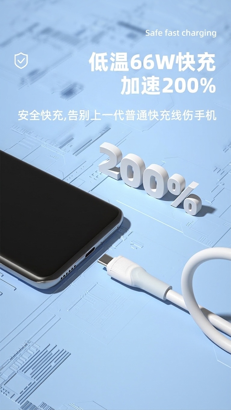 66W Thick Copper Core USB Cable, TPE Fast Charging Data Cord for Enhanced Durability
