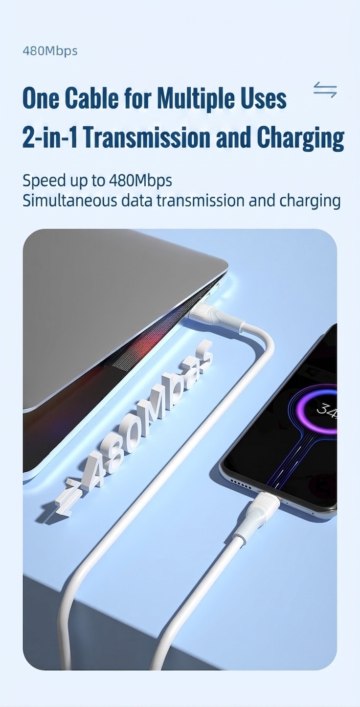 66W Thick Copper Core USB Cable, TPE Fast Charging Data Cord for Enhanced Durability