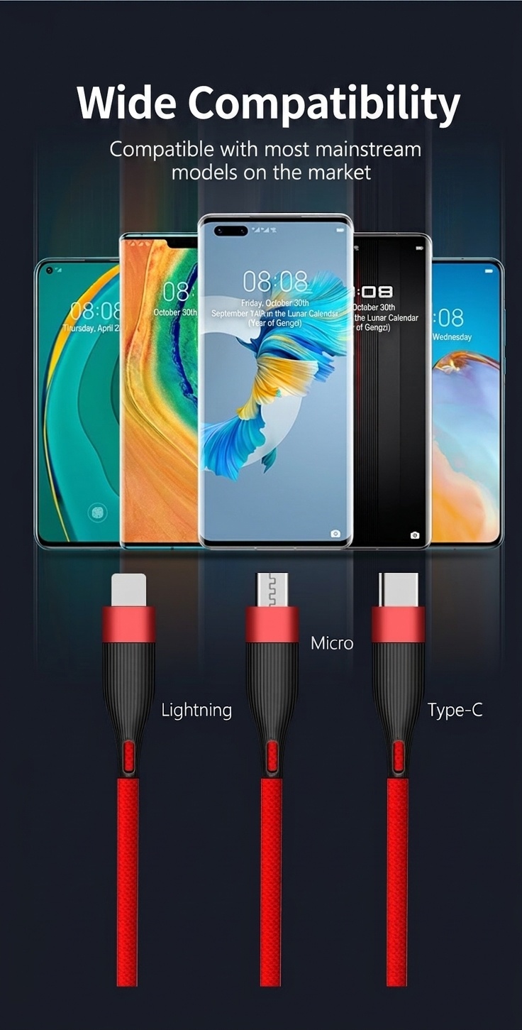 Universal Fast Charge Data Cable, Pure Copper Core USB Cord for Stable and Fast Sync