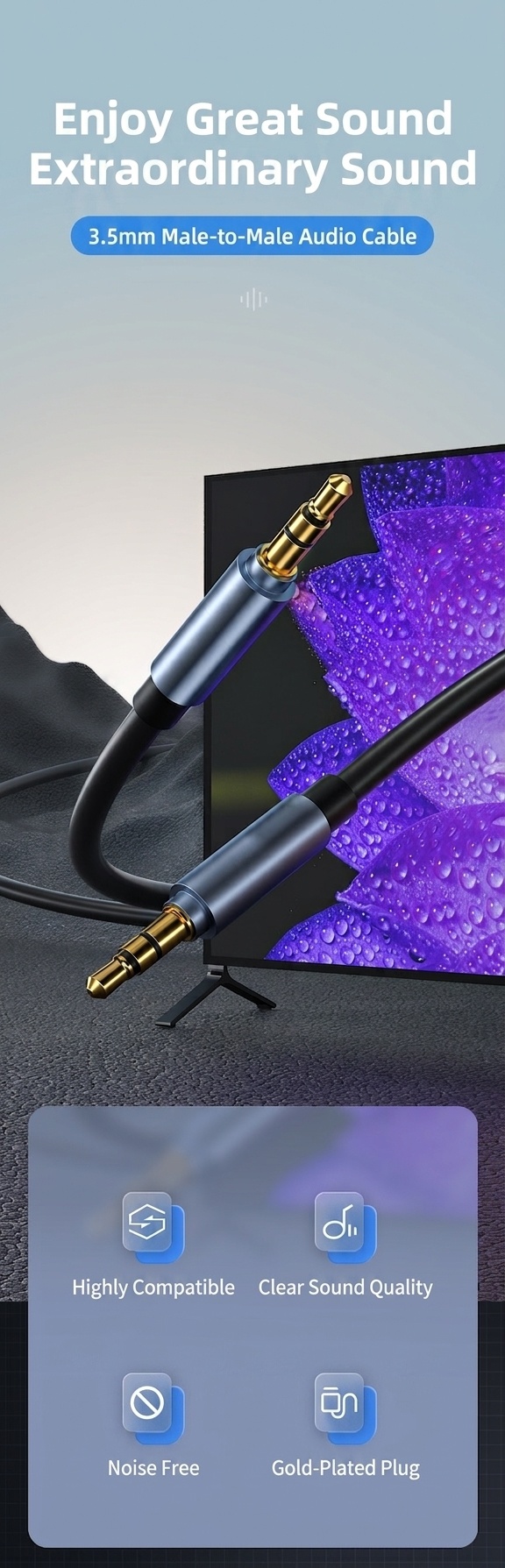 3.5mm Gold-Plated Stereo AUX Audio Cable, Auxiliary Cord for Car, Headphones, Speakers