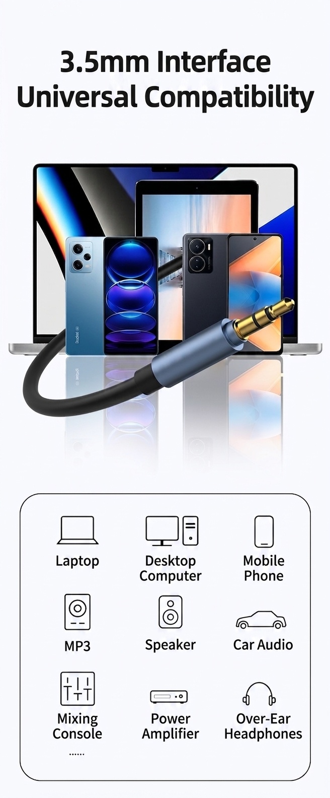 3.5mm Gold-Plated Stereo AUX Audio Cable, Auxiliary Cord for Car, Headphones, Speakers
