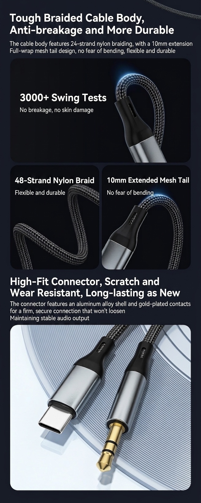 Type-C to 3.5mm Audio Cable, Braided Hi-Fi AUX Cord Adapter for Car Stereo, Headphones