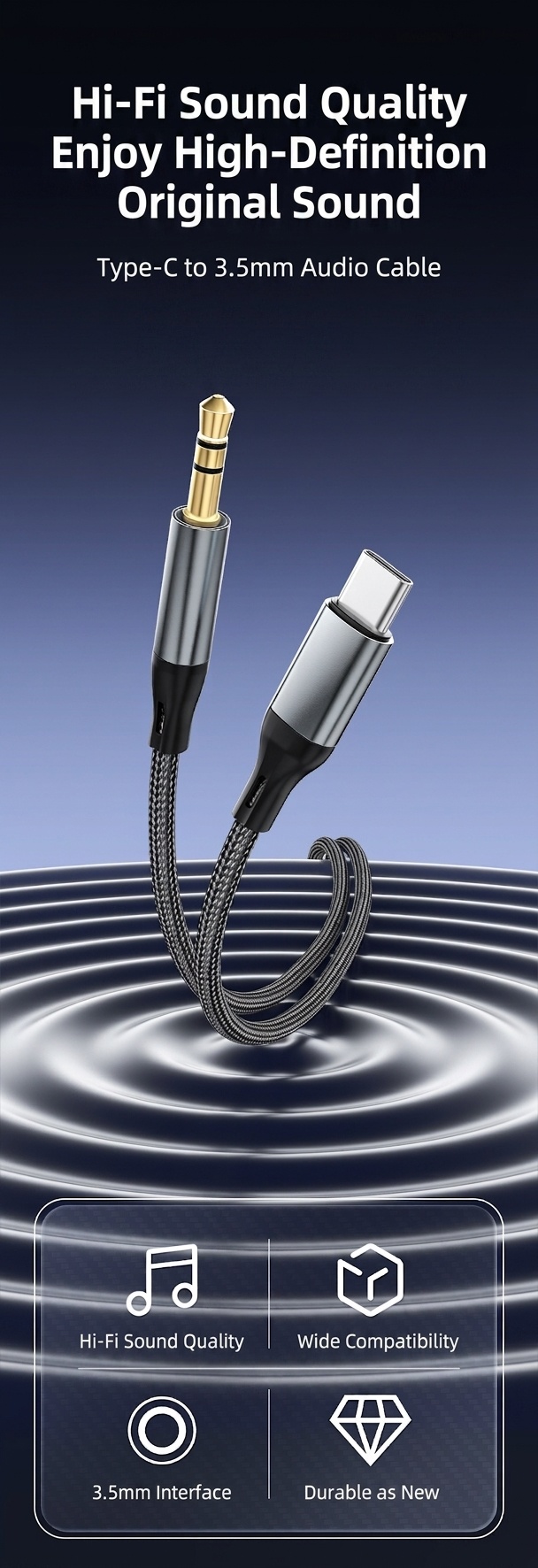 Type-C to 3.5mm Audio Cable, Braided Hi-Fi AUX Cord Adapter for Car Stereo, Headphones