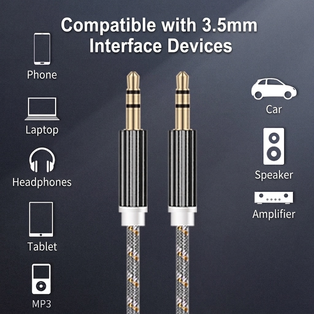 Premium Braided 3.5mm AUX Audio Cable, Gold-Plated Auxiliary Cord for Car, Speakers