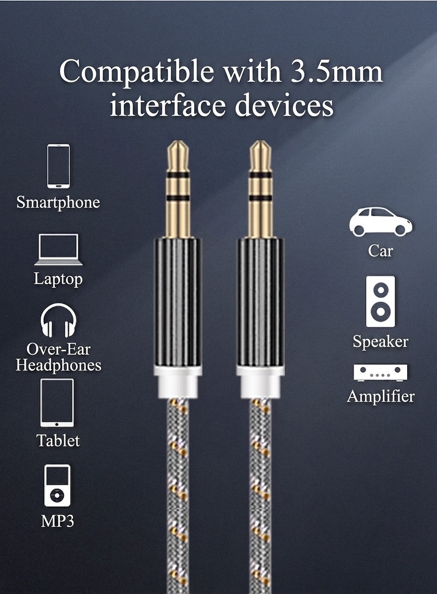 Premium Braided 3.5mm AUX Audio Cable, Gold-Plated Auxiliary Cord for Car, Speakers