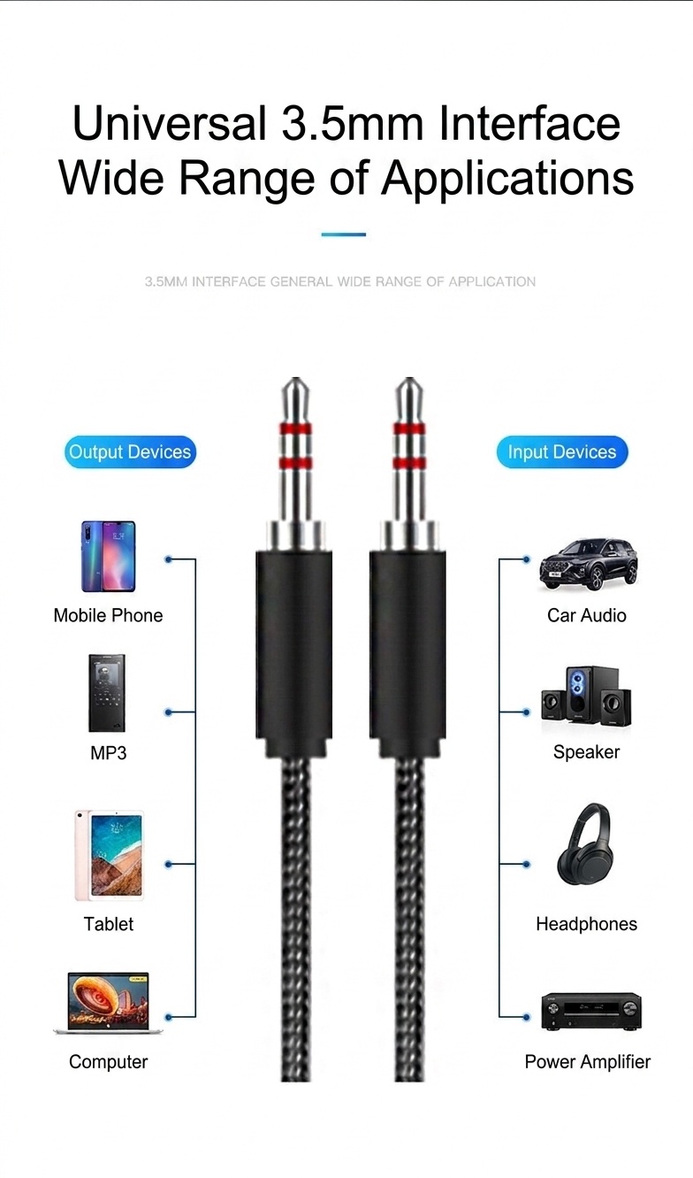 Durable TPE Premium Braided 3.5mm AUX Audio Cable, Tangle-Free Auxiliary Cord