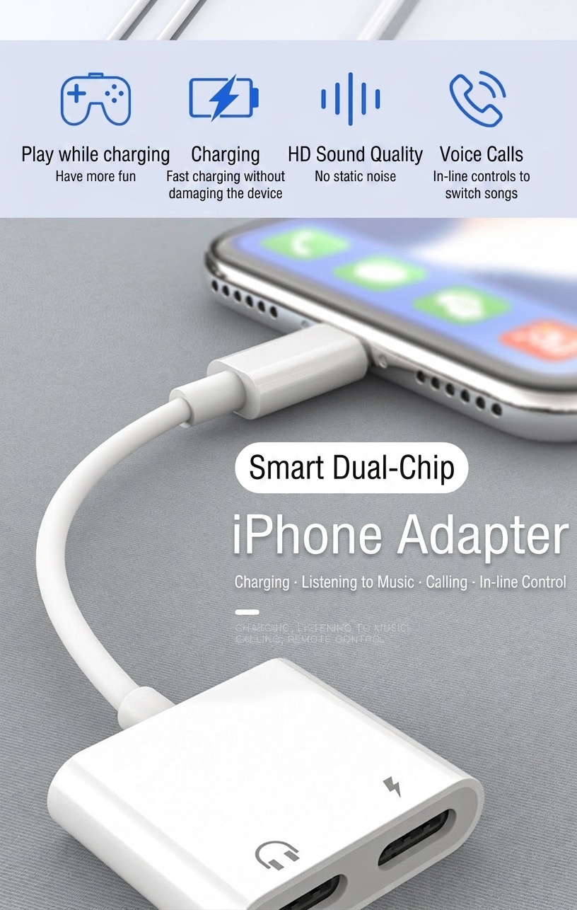 2-in-1 Dual Chip Audio & Charge Adapter, Headphone Jack Splitter for Phones and Tablets