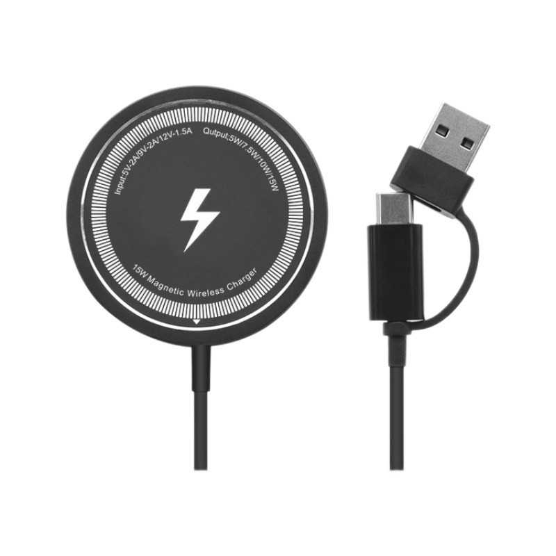 15W Magnetic Wireless Charger with Dual USB-A/C Connector, Ultra-Thin 5.5mm Fast Charging Pad, White/Black