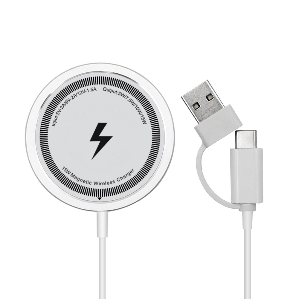 15W Magnetic Wireless Charger with Dual USB-A/C Connector, Ultra-Thin 5.5mm Fast Charging Pad, White/Black