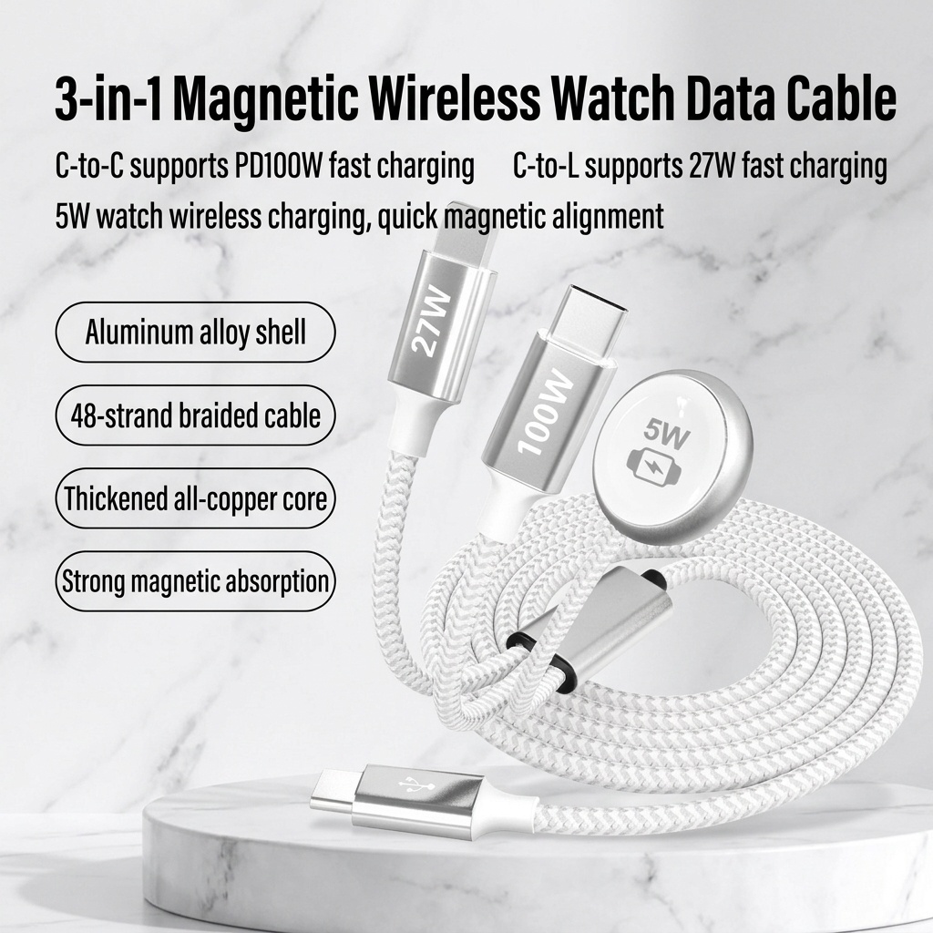 3-in-1 Fast Charging Cable: 100W USB-C, 27W Lightning & 5W Magnetic Watch Charger, Braided Multi-Port Cord, White