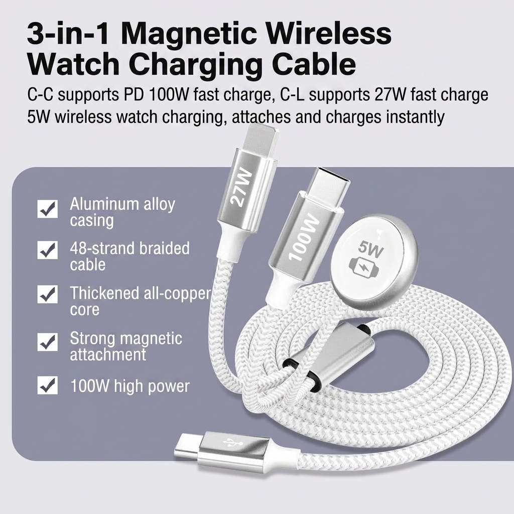 3-in-1 Fast Charging Cable: 100W USB-C, 27W Lightning & 5W Magnetic Watch Charger, Braided Multi-Port Cord, White
