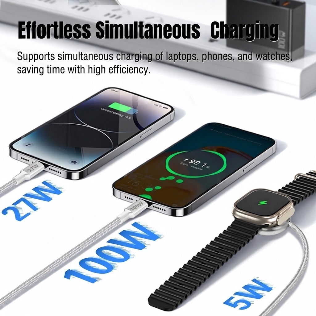 3-in-1 Fast Charging Cable: 100W USB-C, 27W Lightning & 5W Magnetic Watch Charger, Braided Multi-Port Cord, White