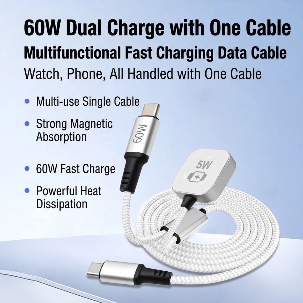 60W USB-C 3-in-1 Fast Charging Cable for Phone, Watch & Laptop, Braided Cord with Aluminum Alloy Connectors, White