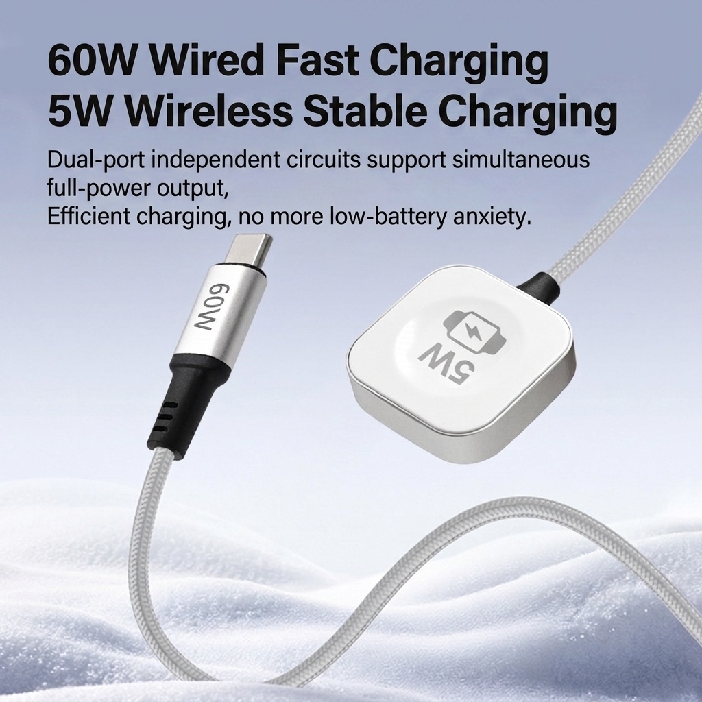 60W USB-C 3-in-1 Fast Charging Cable for Phone, Watch & Laptop, Braided Cord with Aluminum Alloy Connectors, White