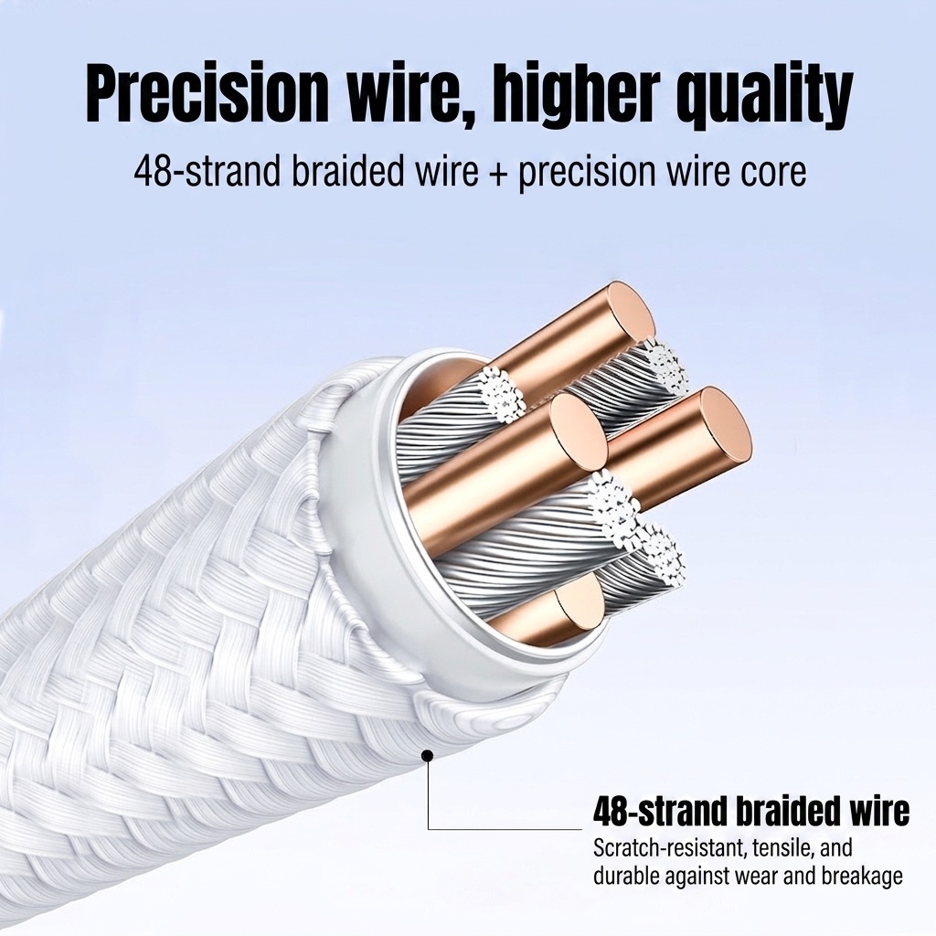 60W USB-C 3-in-1 Fast Charging Cable for Phone, Watch & Laptop, Braided Cord with Aluminum Alloy Connectors, White