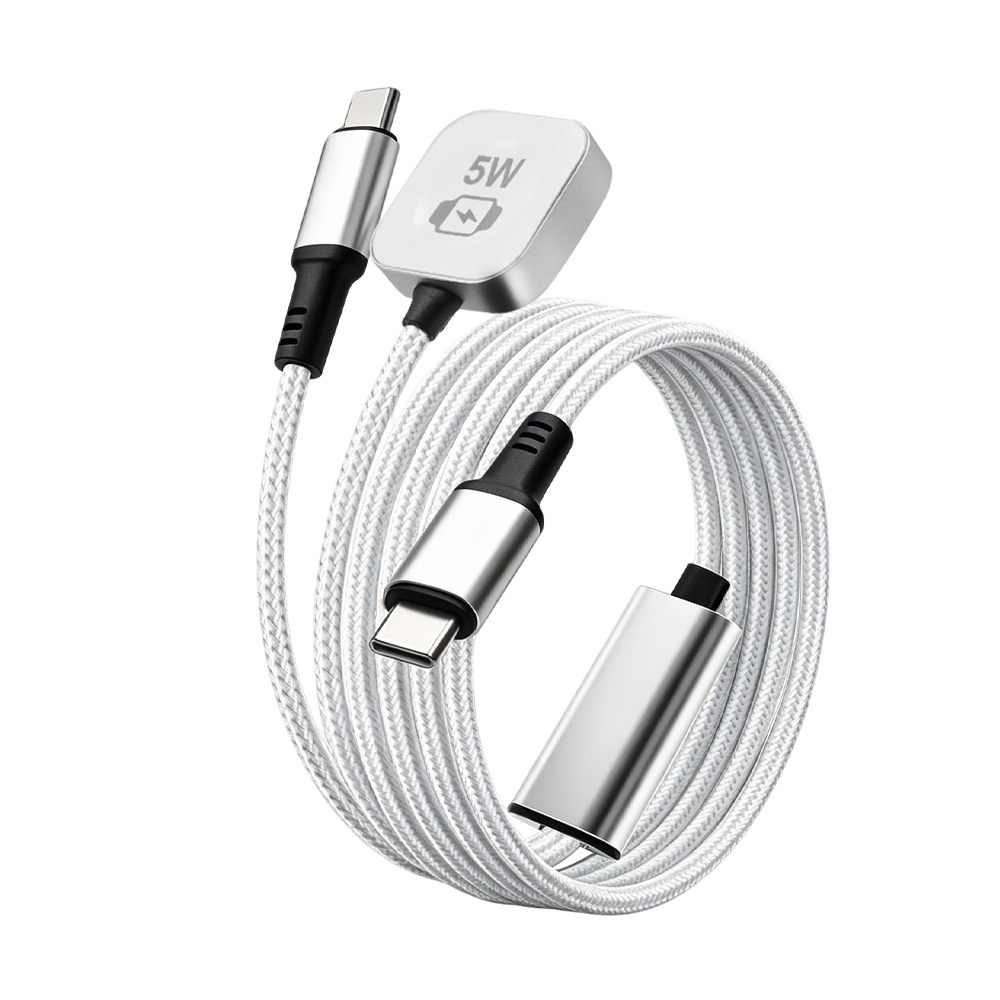 60W USB-C 3-in-1 Fast Charging Cable for Phone, Watch & Laptop, Braided Cord with Aluminum Alloy Connectors, White