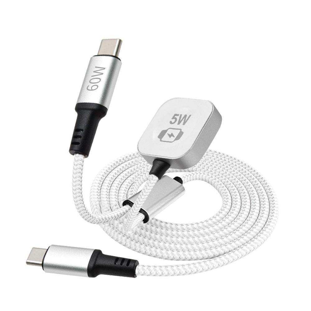 60W USB-C 3-in-1 Fast Charging Cable for Phone, Watch & Laptop, Braided Cord with Aluminum Alloy Connectors, White