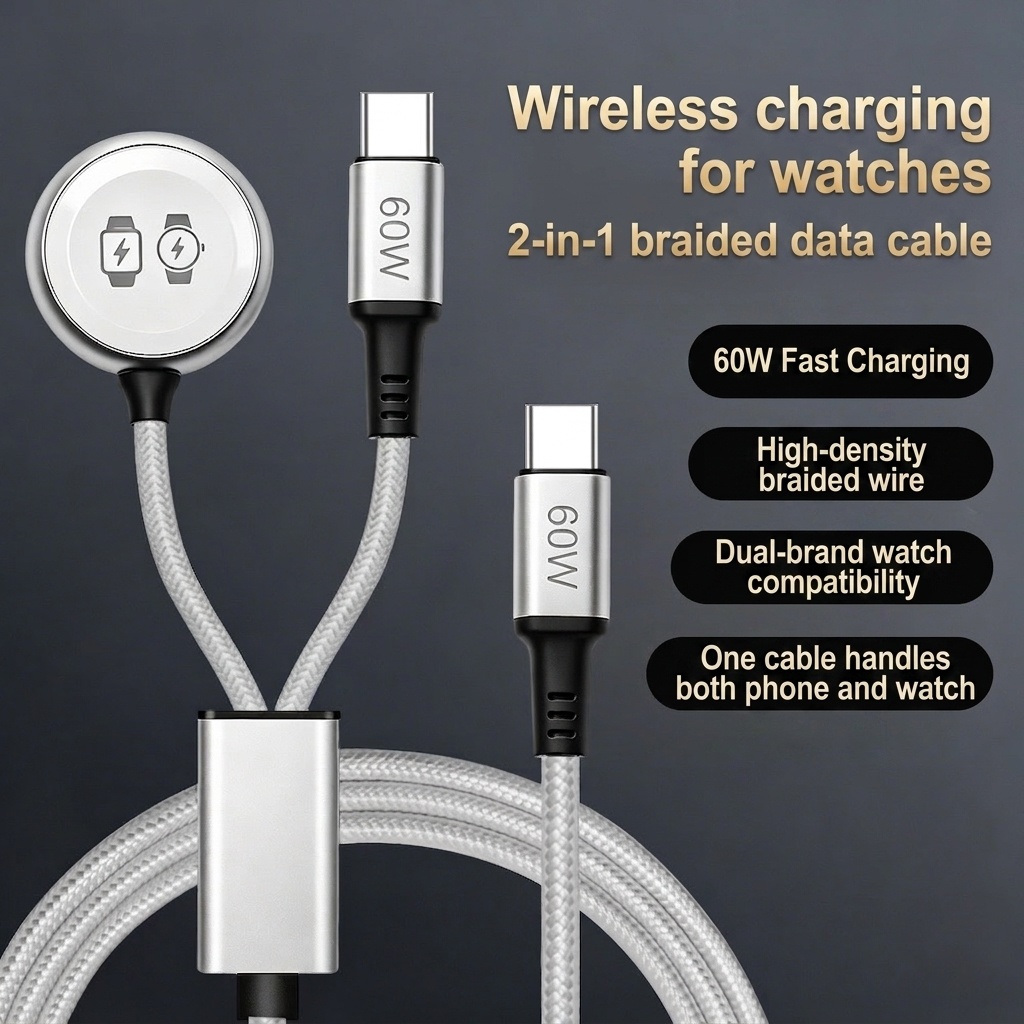 60W USB-C 3-in-1 Fast Charging Cable for Phone, Watch & Laptop, Braided Cord with Aluminum Alloy Connectors, White