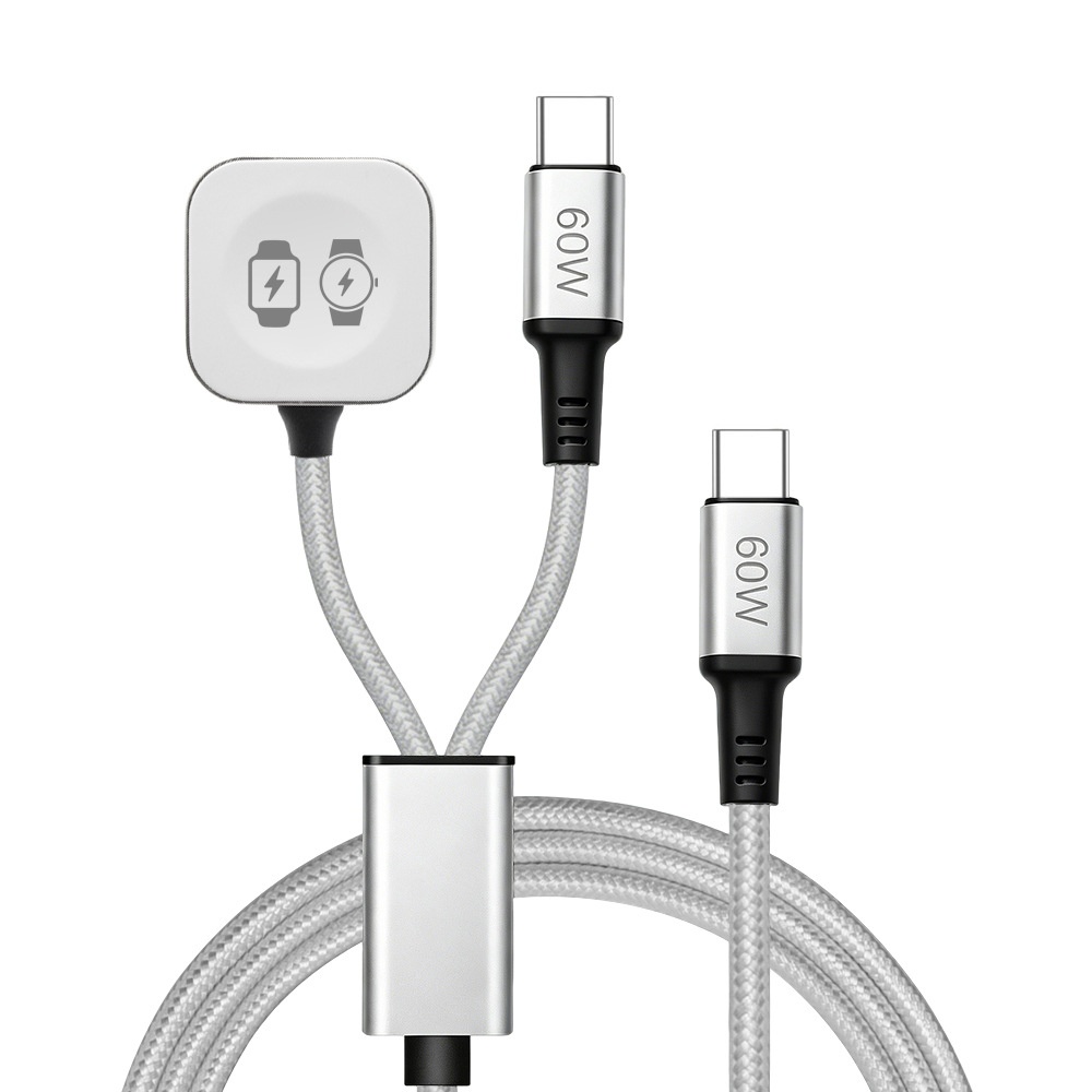 60W USB-C 3-in-1 Fast Charging Cable for Phone, Watch & Laptop, Braided Cord with Aluminum Alloy Connectors, White