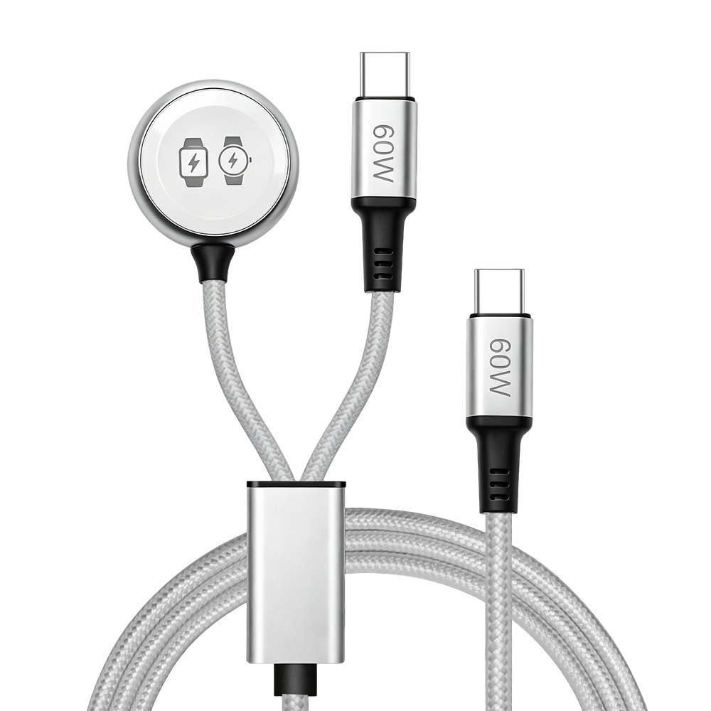 60W USB-C 3-in-1 Fast Charging Cable for Phone, Watch & Laptop, Braided Cord with Aluminum Alloy Connectors, White