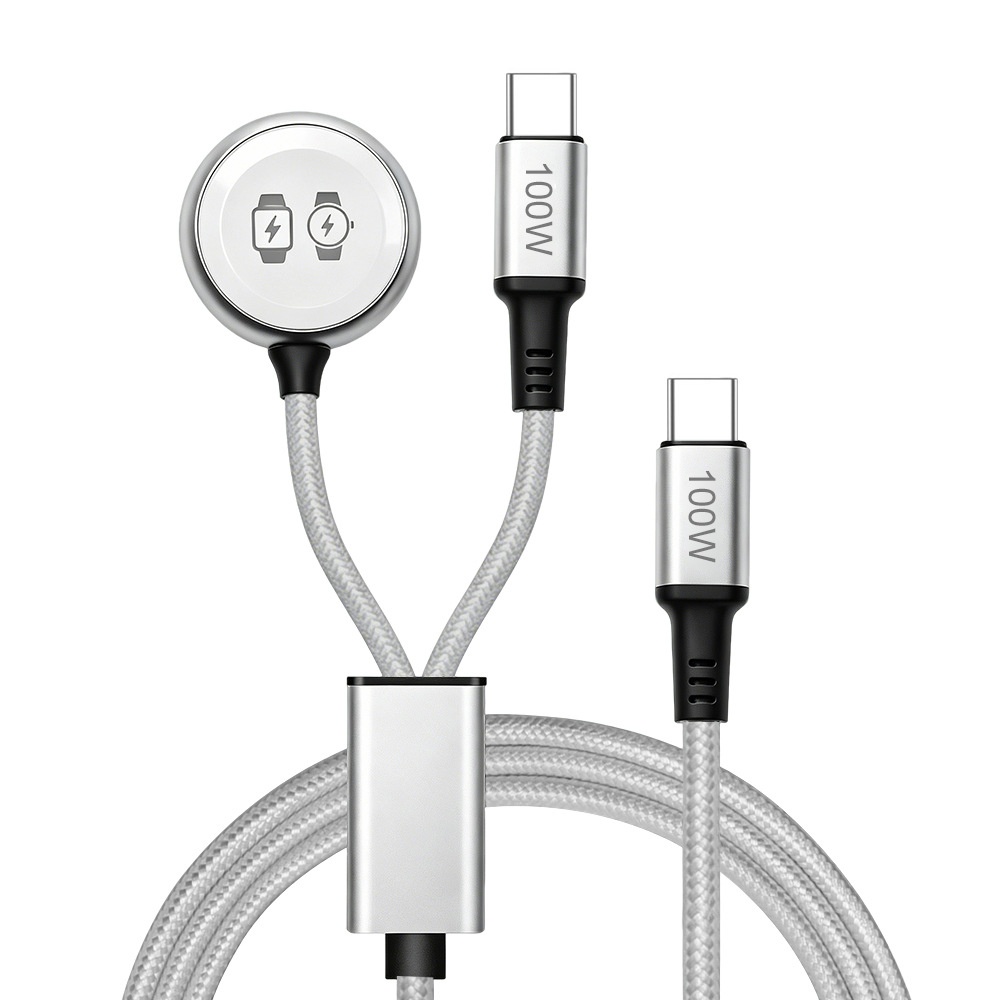 60W USB-C 3-in-1 Fast Charging Cable for Phone, Watch & Laptop, Braided Cord with Aluminum Alloy Connectors, White