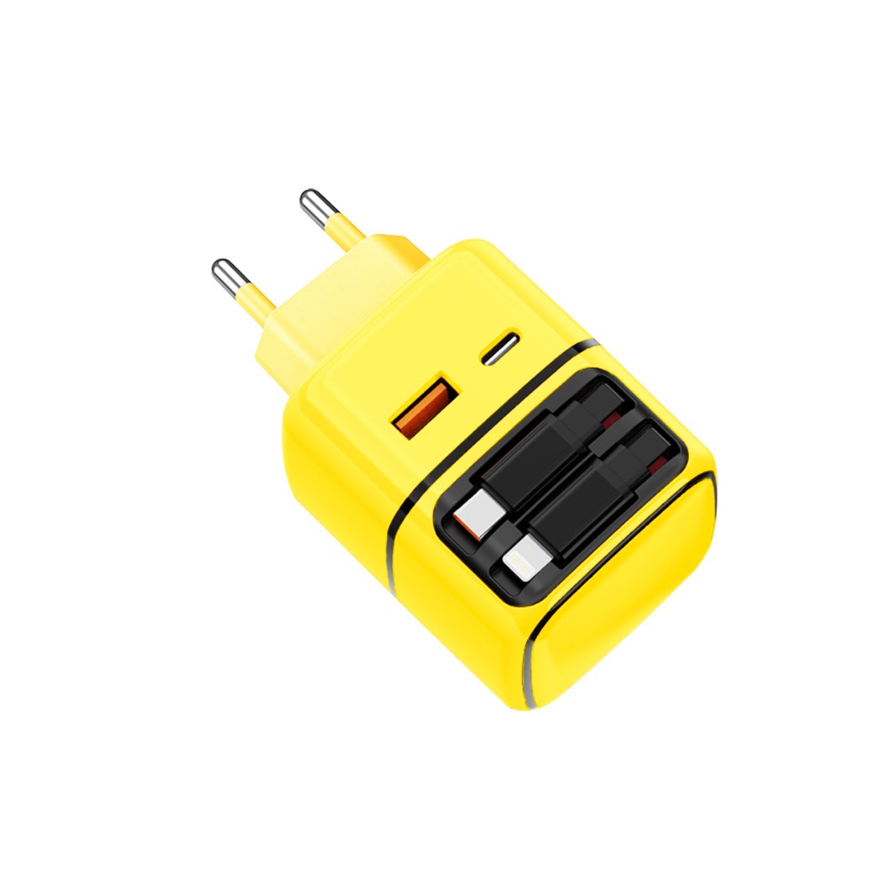 35W GaN Fast Charger with Retractable USB-C & Lightning Cables, Multi-Port USB-A/C Wall Adapter, White/Pink/Yellow
