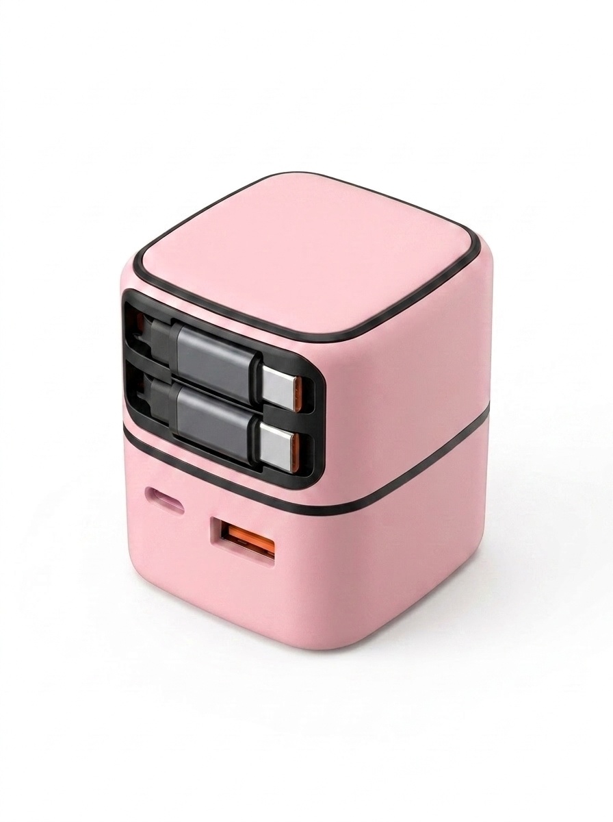 35W GaN Fast Charger with Retractable USB-C & Lightning Cables, Multi-Port USB-A/C Wall Adapter, White/Pink/Yellow