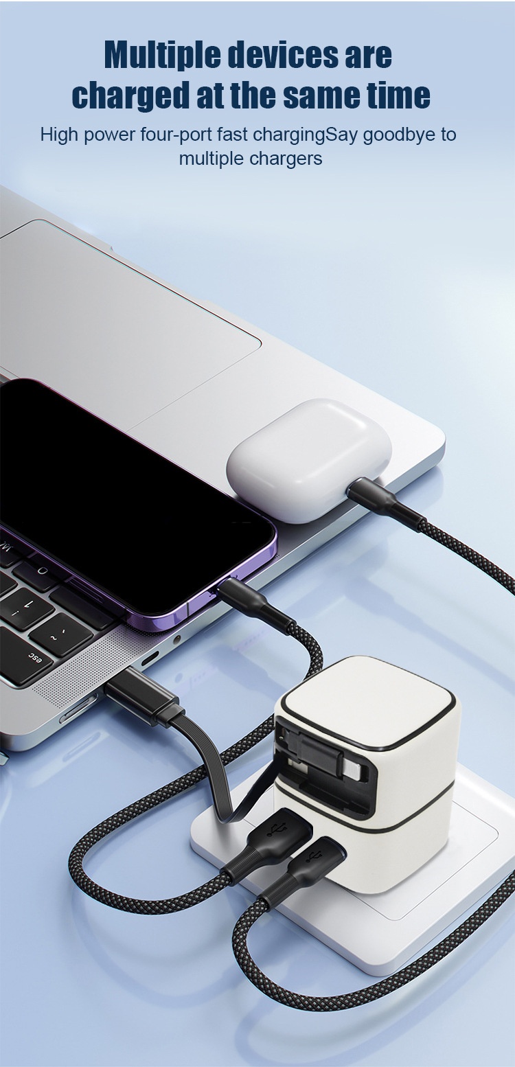 35W GaN Fast Charger with Retractable USB-C & Lightning Cables, Multi-Port USB-A/C Wall Adapter, White/Pink/Yellow