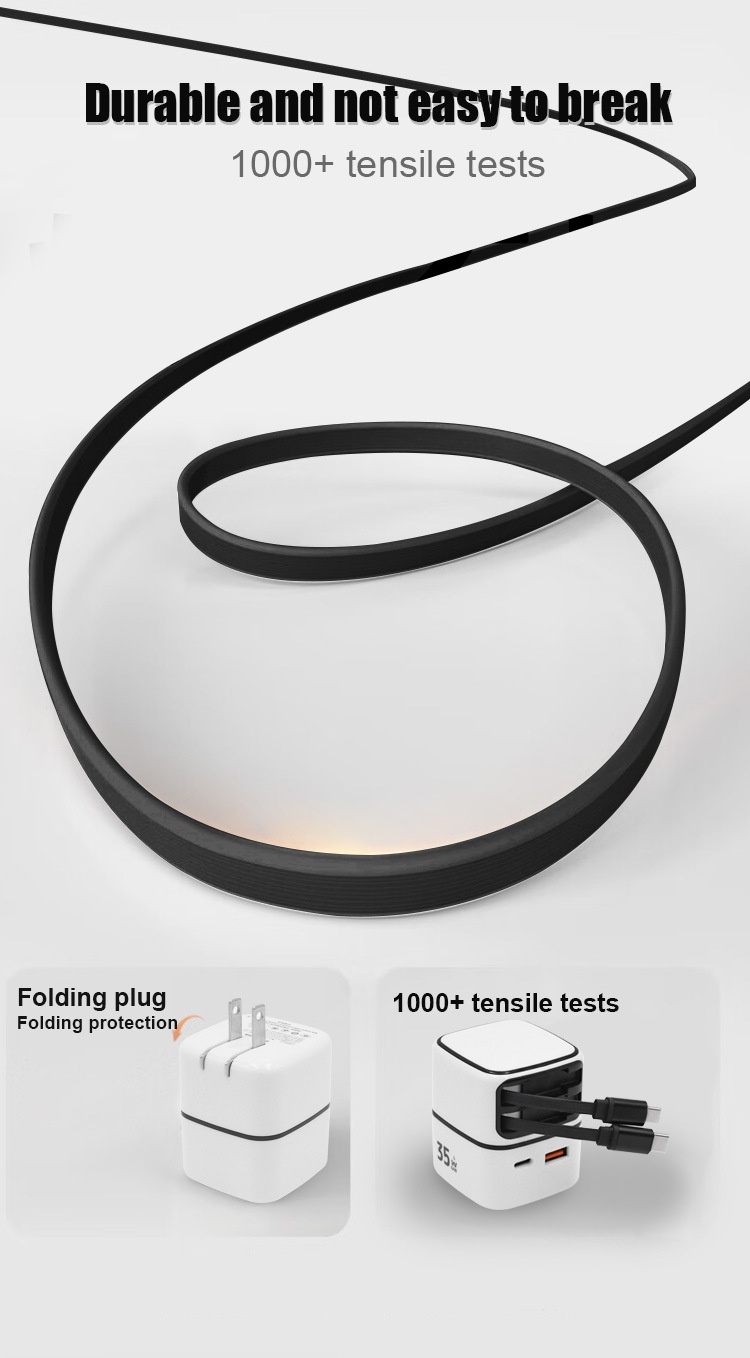 35W GaN Fast Charger with Retractable USB-C & Lightning Cables, Multi-Port USB-A/C Wall Adapter, White/Pink/Yellow