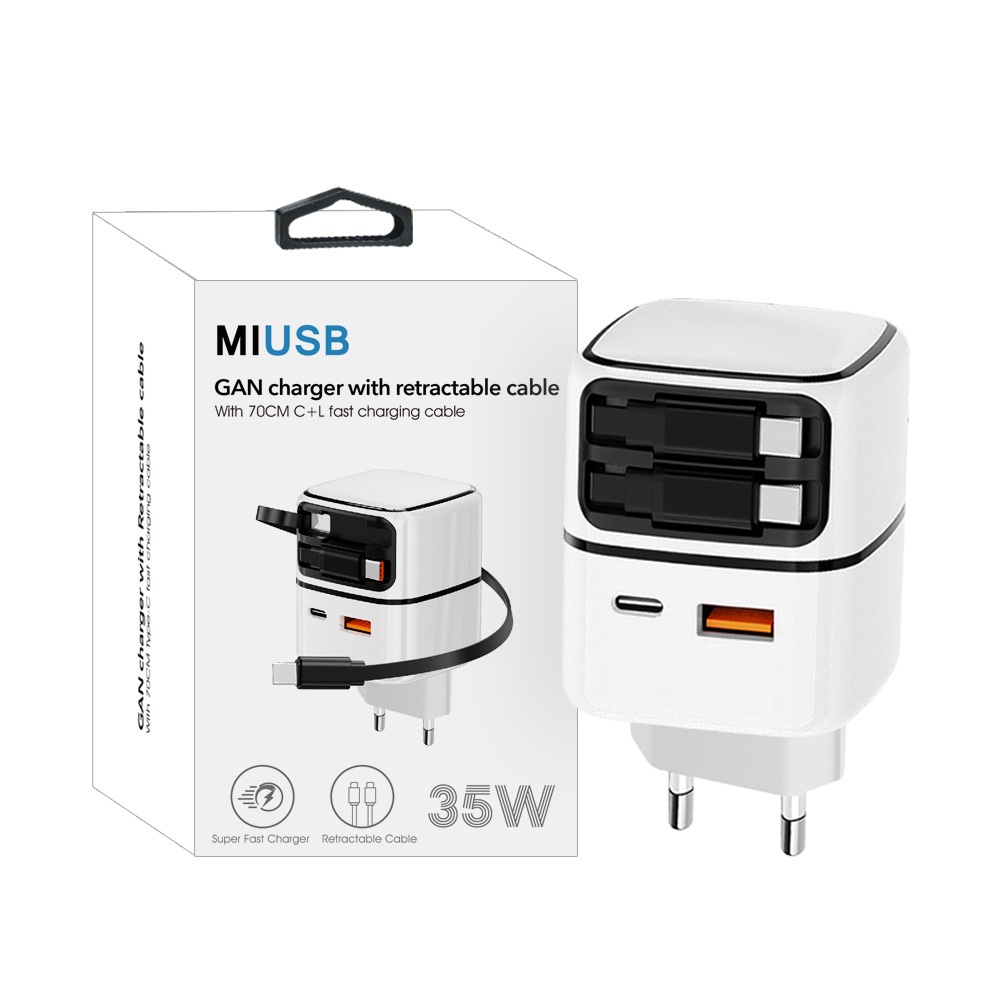 35W GaN Fast Charger with Retractable USB-C & Lightning Cables, Multi-Port USB-A/C Wall Adapter, White/Pink/Yellow