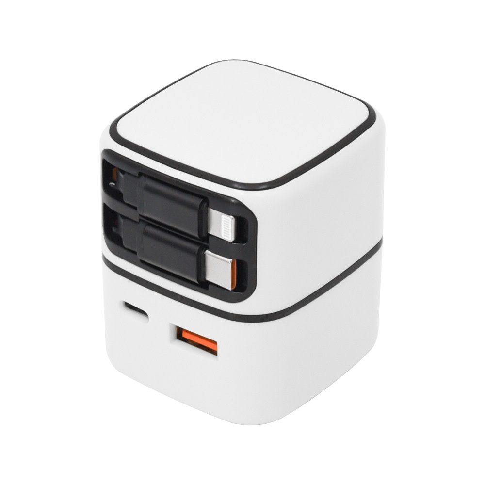 35W GaN Fast Charger with Retractable USB-C & Lightning Cables, Multi-Port USB-A/C Wall Adapter, White/Pink/Yellow