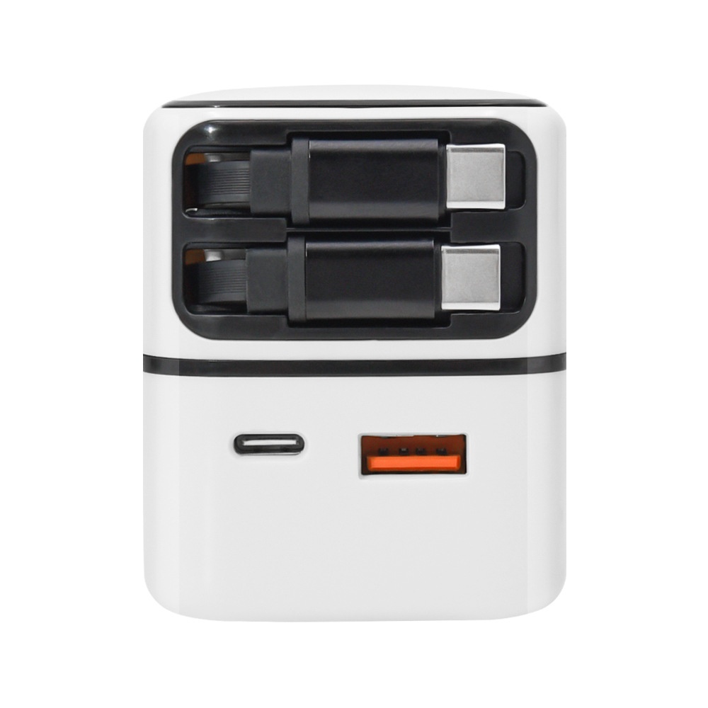 35W GaN Fast Charger with Retractable USB-C & Lightning Cables, Multi-Port USB-A/C Wall Adapter, White/Pink/Yellow