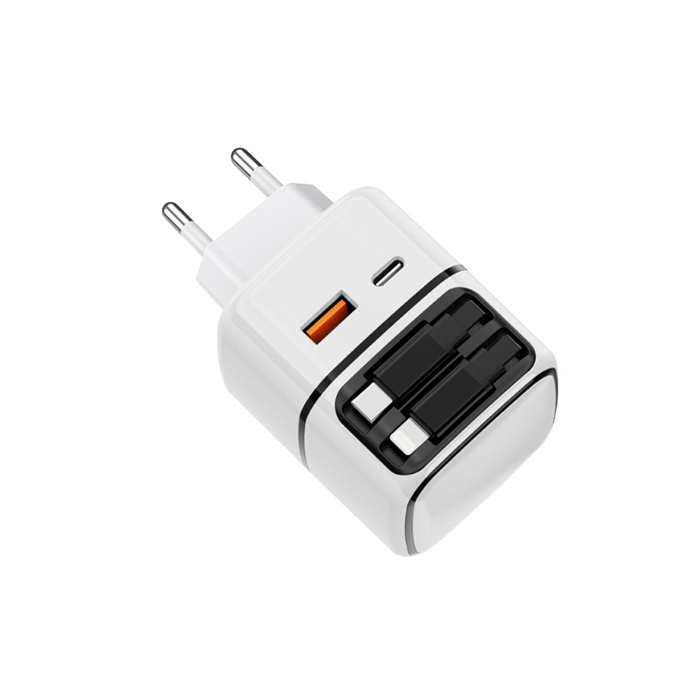 35W GaN Fast Charger with Retractable USB-C & Lightning Cables, Multi-Port USB-A/C Wall Adapter, White/Pink/Yellow