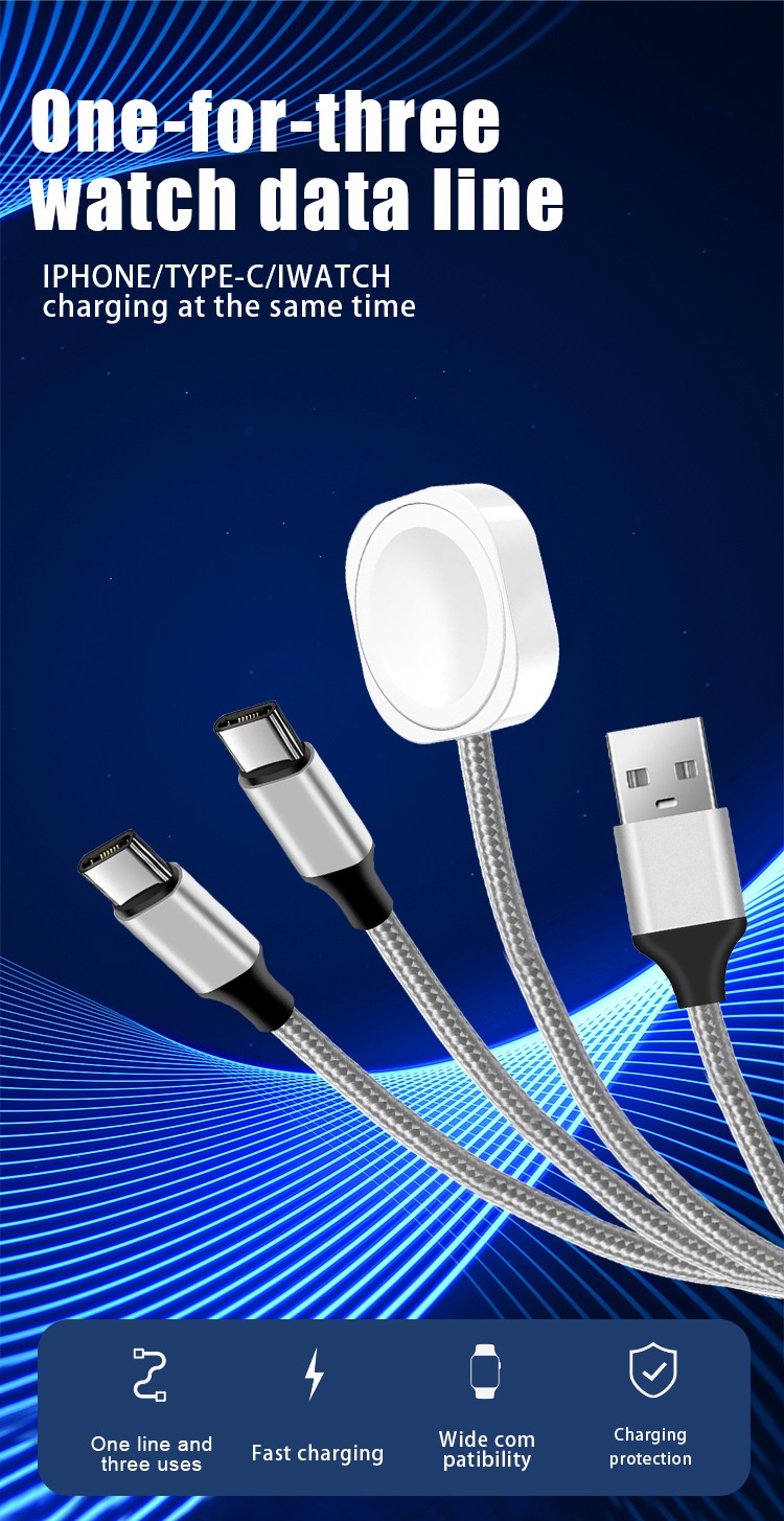 3-in-1 Multi-Charger Cable for Smartwatch, iPhone & Android, Fast Charging Braided Cord, White