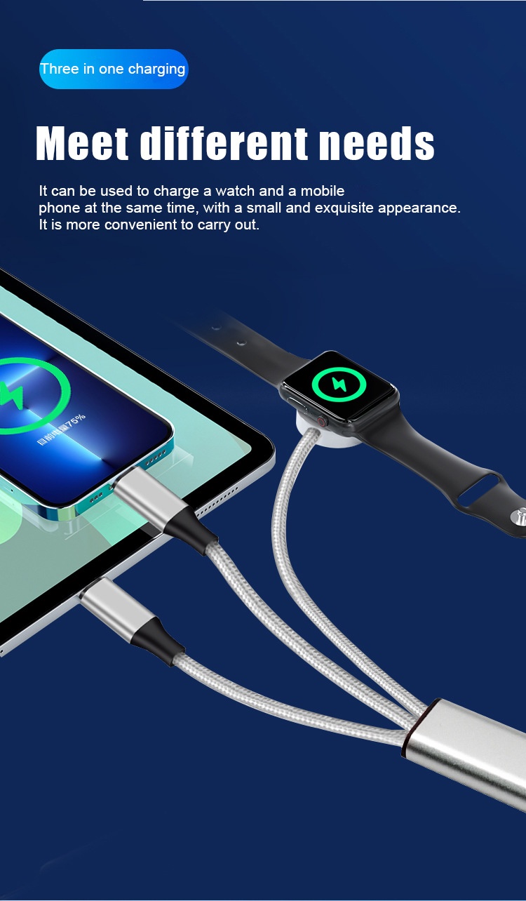 3-in-1 Multi-Charger Cable for Smartwatch, iPhone & Android, Fast Charging Braided Cord, White