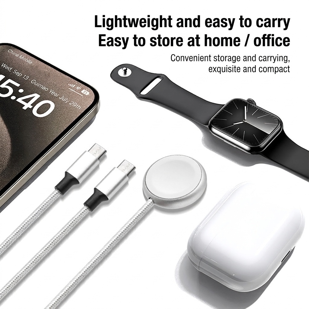 3-in-1 Multi-Charger Cable for Smartwatch, iPhone & Android, Fast Charging Braided Cord, White