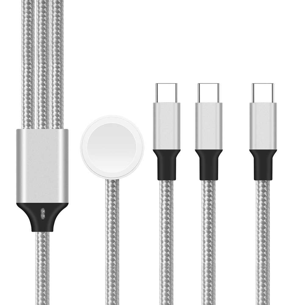 3-in-1 Multi-Charger Cable for Smartwatch, iPhone & Android, Fast Charging Braided Cord, White