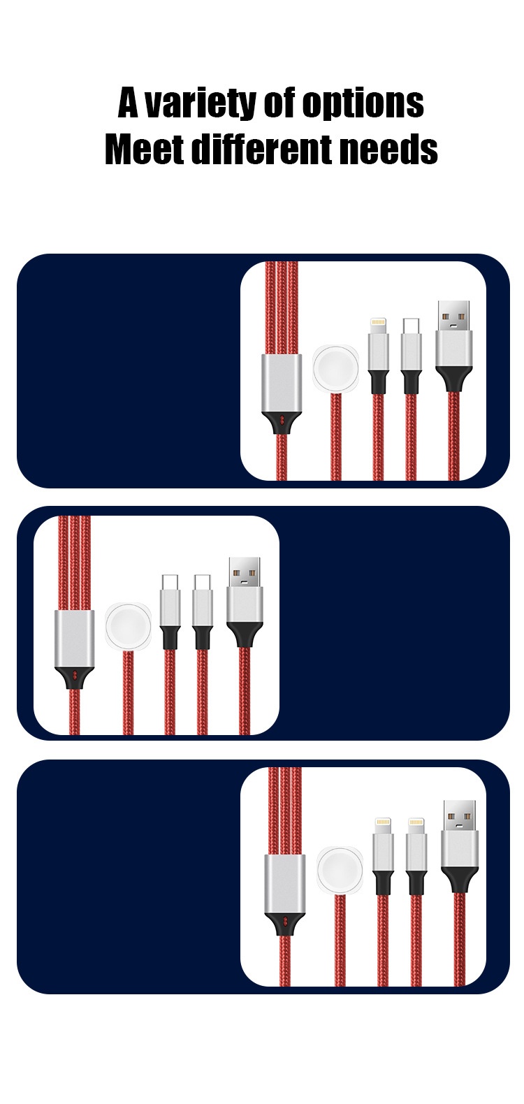 3-in-1 Multi-Charger Cable for Smartwatch, iPhone & Android, Fast Charging Braided Cord, White