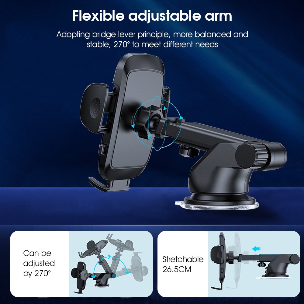Universal Car Phone Mount, Strong Suction Cup Dashboard & Windshield Holder, 270° Adjustable Arm, Black