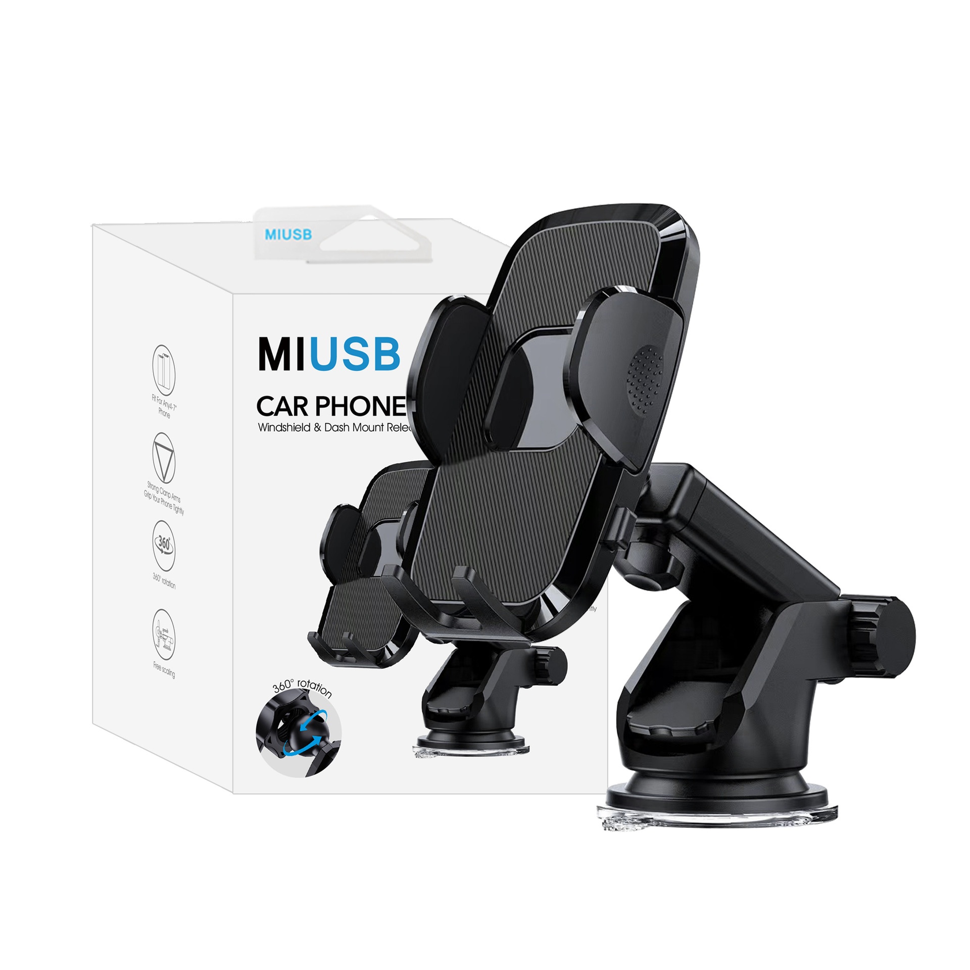Universal Car Phone Mount, Strong Suction Cup Dashboard & Windshield Holder, 270° Adjustable Arm, Black