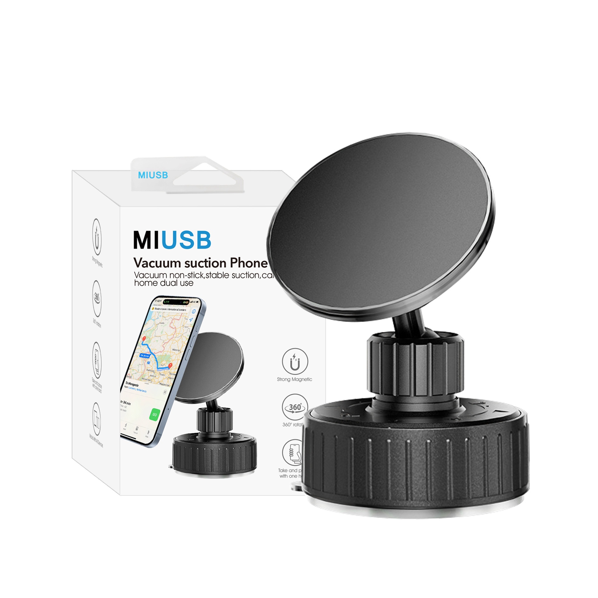 Magnetic Car Phone Holder with Strong Suction Cup Mount, 17 N52 Magnets, 360° Adjustable Dashboard Stand, Black