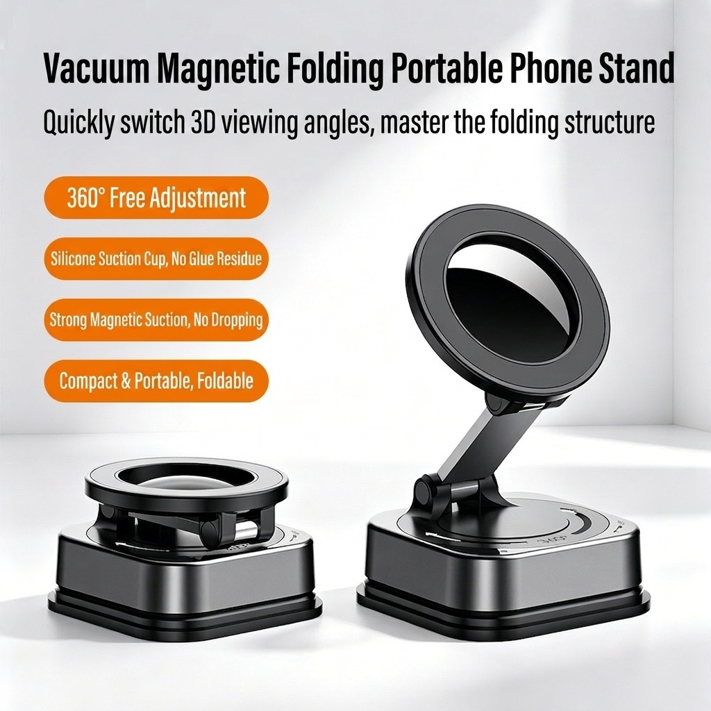 Foldable Magnetic Phone Stand, 360° Rotation Car & Desk Mount with Strong Suction, Black