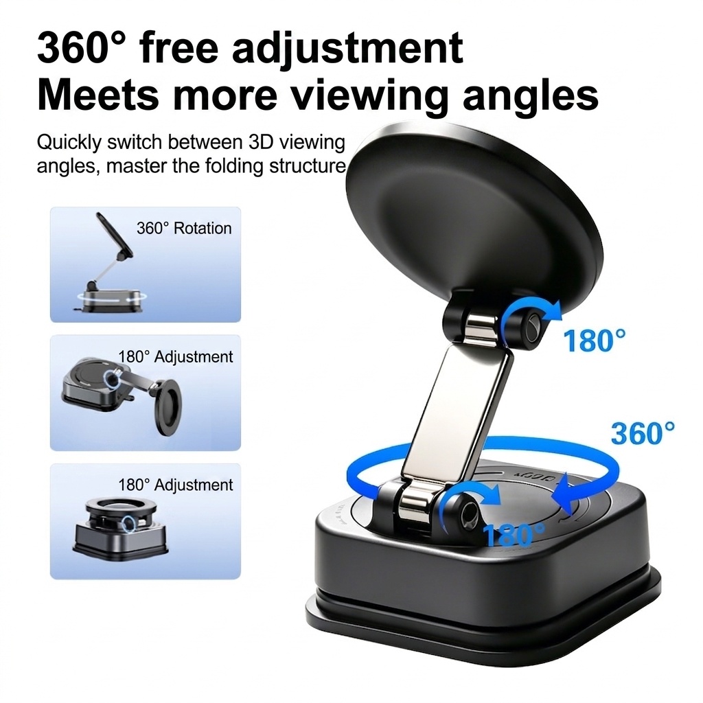 Foldable Magnetic Phone Stand, 360° Rotation Car & Desk Mount with Strong Suction, Black