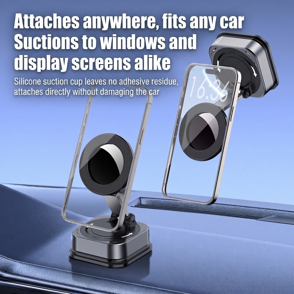 Foldable Magnetic Phone Stand, 360° Rotation Car & Desk Mount with Strong Suction, Black