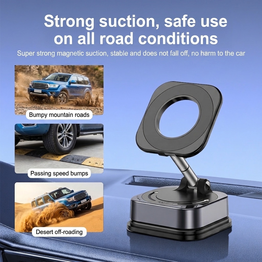Foldable Magnetic Phone Stand, 360° Rotation Car & Desk Mount with Strong Suction, Black