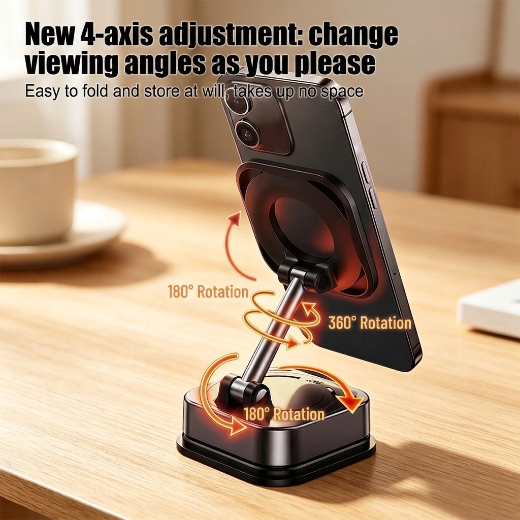 Foldable Magnetic Phone Stand, 360° Rotation Car & Desk Mount with Strong Suction, Black