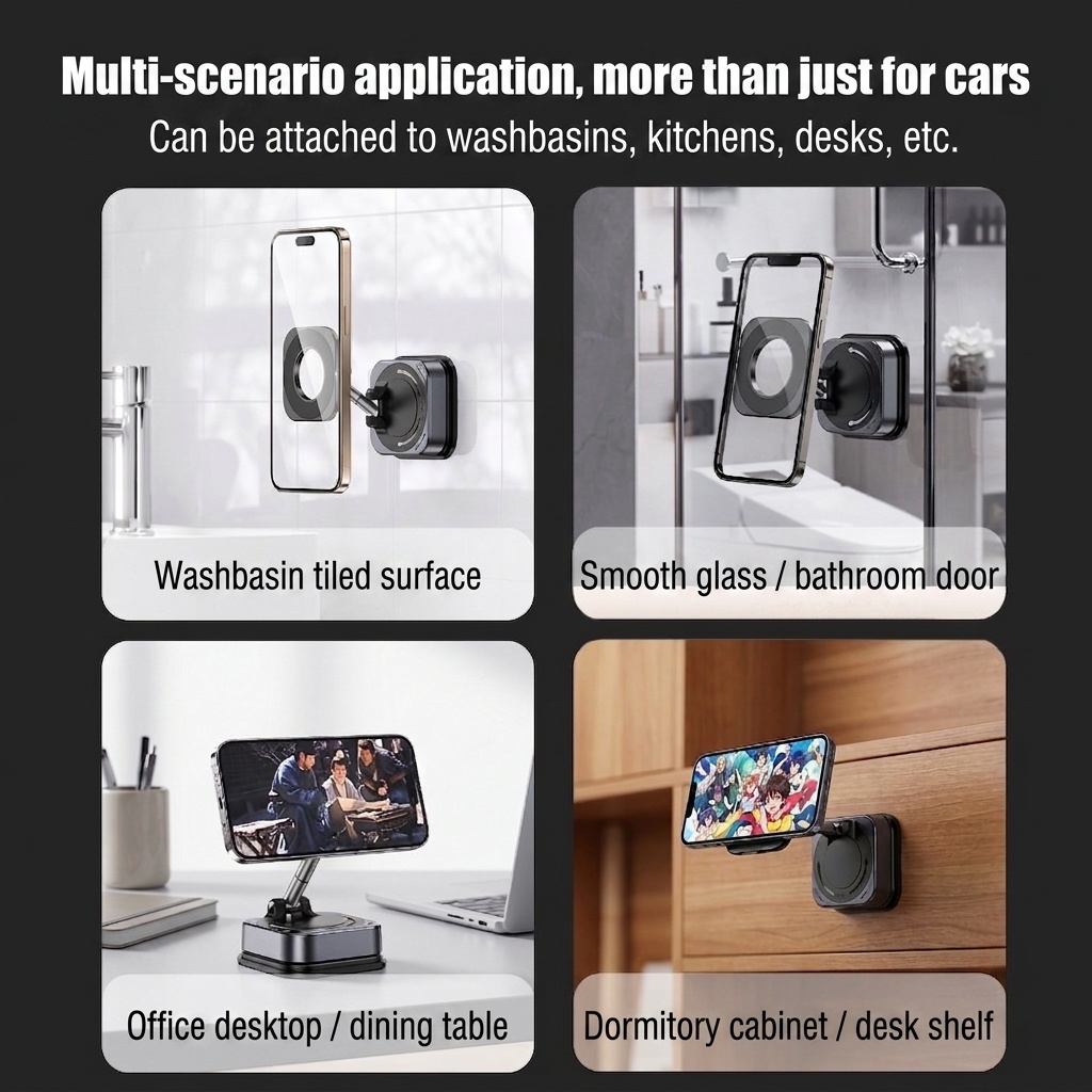 Foldable Magnetic Phone Stand, 360° Rotation Car & Desk Mount with Strong Suction, Black