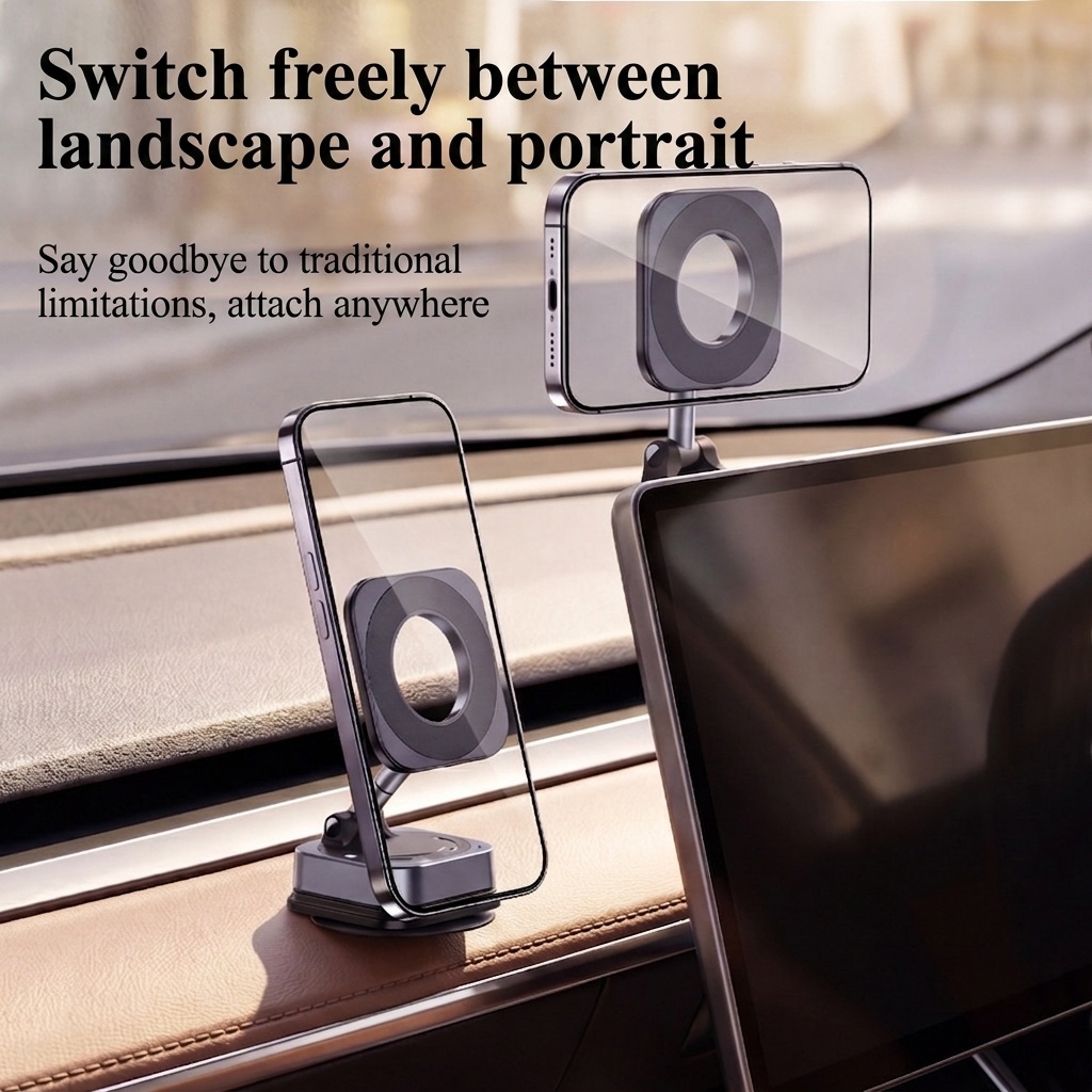 Foldable Magnetic Phone Stand, 360° Rotation Car & Desk Mount with Strong Suction, Black